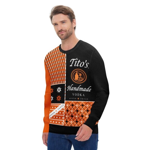Tito's Handmade Vodka Booze Ugly Sweater Colorblock Orange Black Pullover - Picture 1 of 4